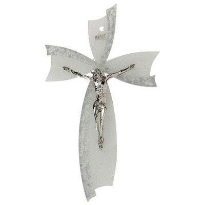 Križ, zidni, murano - 1 - Elegantni zidni križ od murano stakla u bijeloj/srebrnoj boji s glitter efektom. Dimenzije 15x10 cm, Križ, zidni, murano - 1 - Elegantni zidni križ od murano stakla u bijeloj/srebrnoj boji s glitter efektom. Dimenzije 15x10 cm,