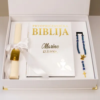 Premium Box – Moja Prva pričest BlaMar - 1 - Elegantni Premium poklon set za Prvu pričest koji uključuje ručno rađenu svijeću o